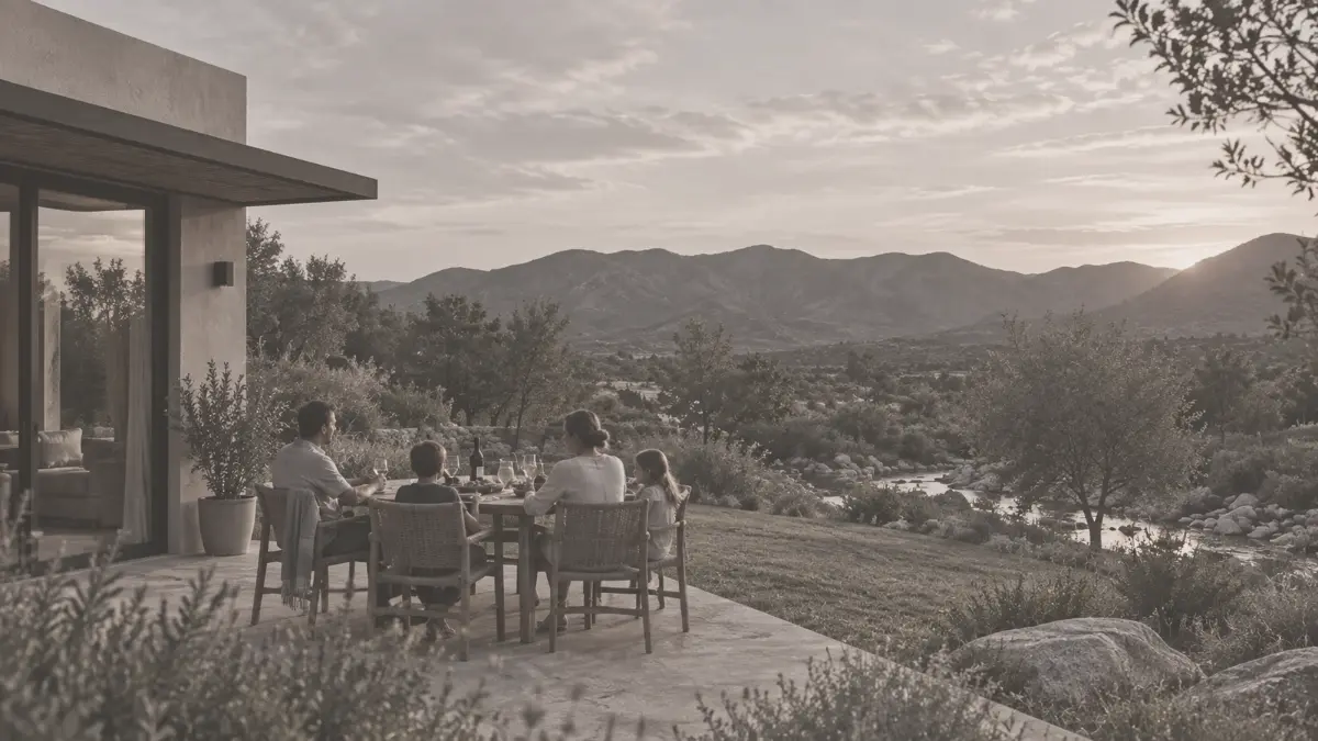 Una familia compartiendo la mesa en una galería, con las sierras al fondo