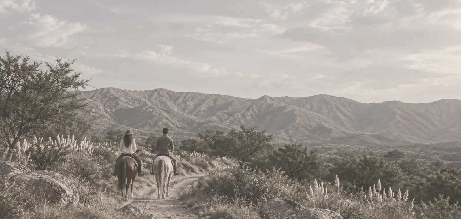 Dos personas a caballo por un sendero serrano en Traslasierra